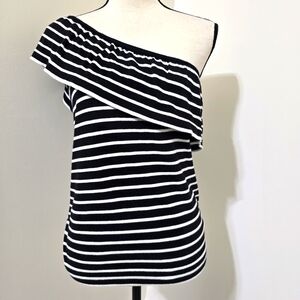J. CREW size Medium Ruffled One Shoulder Striped Shirt Black White